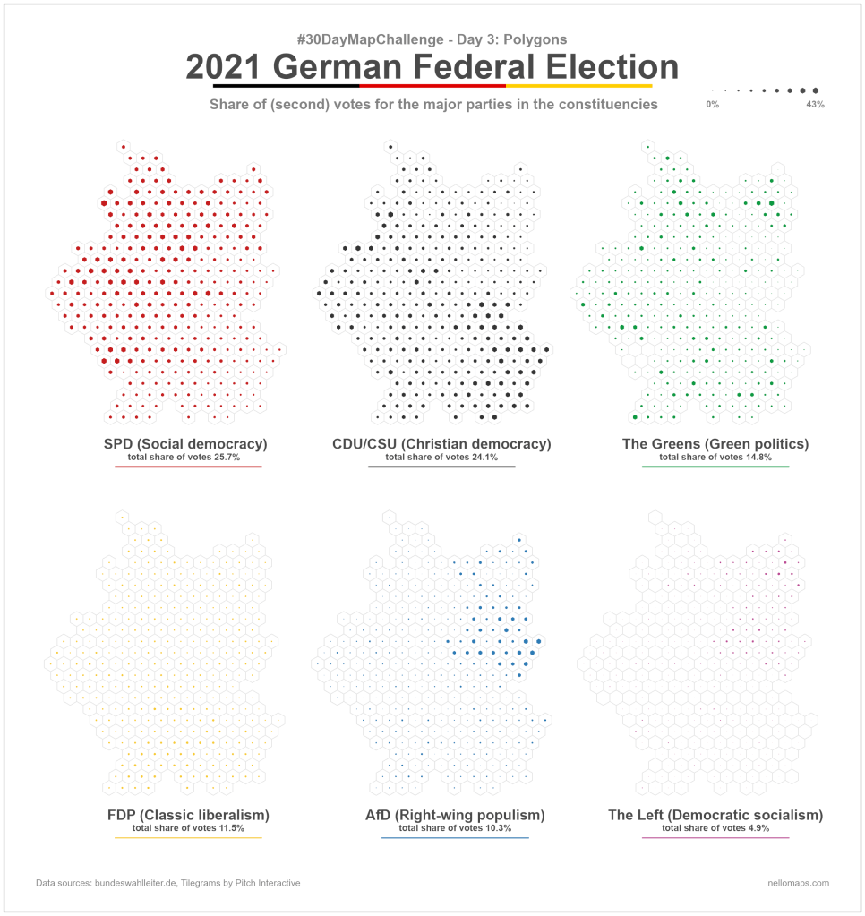 Contribution for the 30DayMapChallenge. Map showing the results of German Federal Election 2021