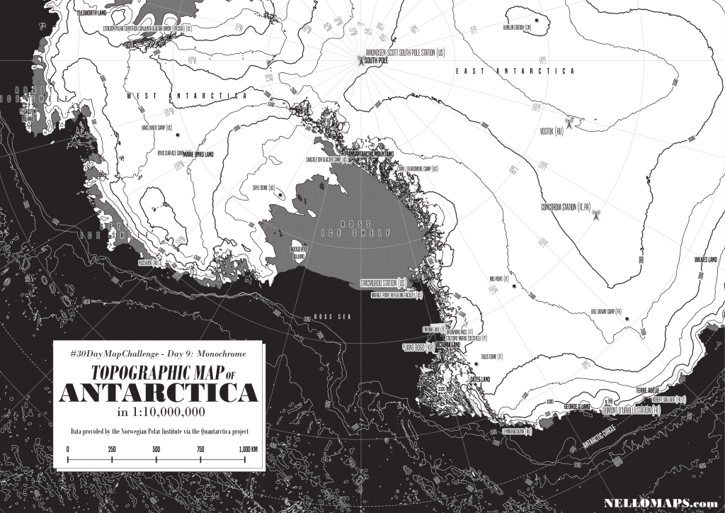 Map contribution for the 30DayMapChallenge. part of Antarctica in monochrome style