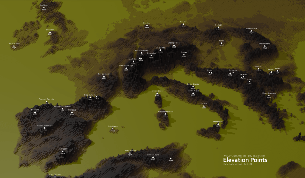 Map contribution for the 30DayMapChallenge. 3D Elevation peaks map in Europe
