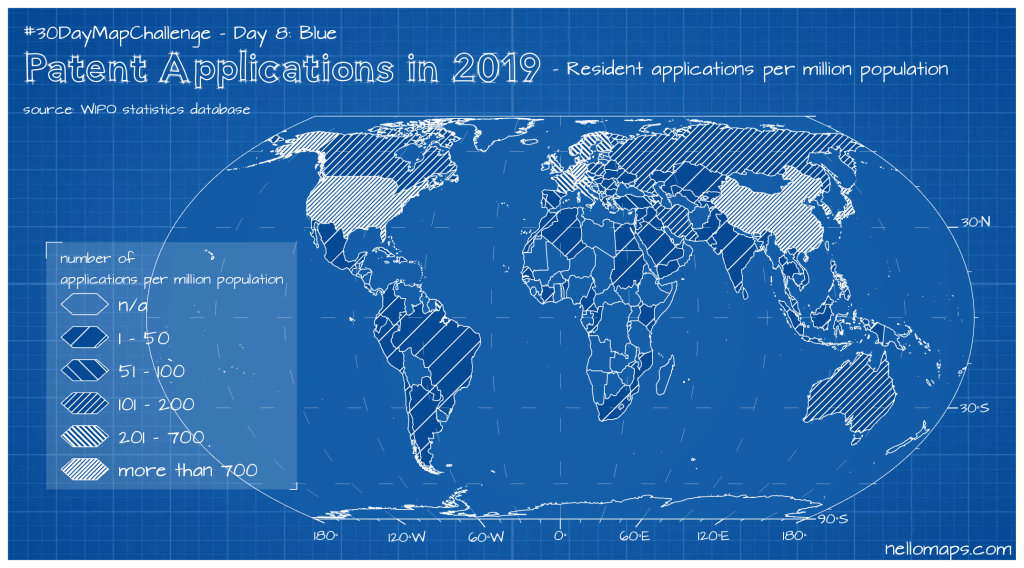 Map contribution for the 30DayMapChallenge. Blueprint style map of patent grants worldwide